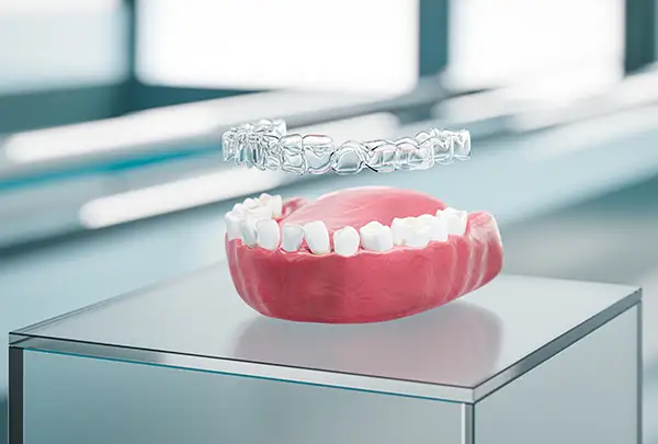 Clear aligner positioned above a pink dental model on a reflective surface, showcasing modern orthodontic technology.